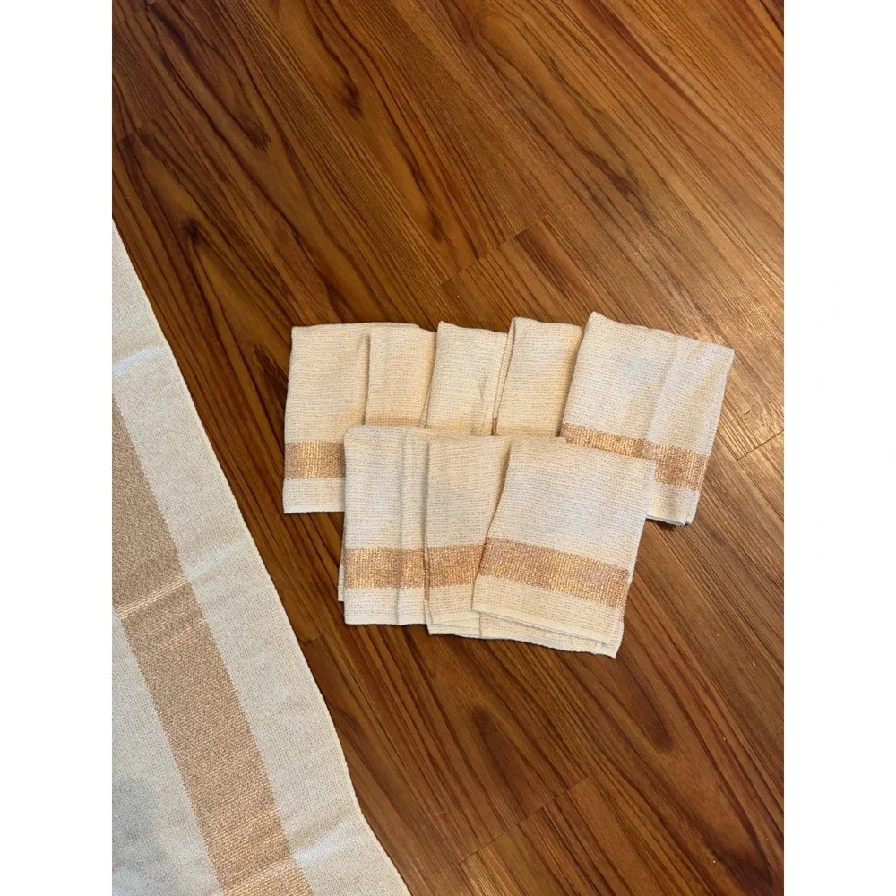 Vintage Chicago Weaving Corp Gold Metallic Striped Tablecloth and 8 Napkins Set
